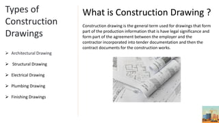 What is Construction Drawing ?
Construction drawing is the general term used for drawings that form
part of the production information that is have legal significance and
form part of the agreement between the employer and the
contractor incorporated into tender documentation and then the
contract documents for the construction works.
Types of
Construction
Drawings
 Architectural Drawing
 Structural Drawing
 Electrical Drawing
 Plumbing Drawing
 Finishing Drawings
 