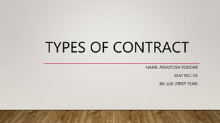 TYPES OF CONTRACT
NAME: ASHUTOSH PODDAR
SEAT NO.: 05
BA. LLB. (FIRST YEAR)
 
