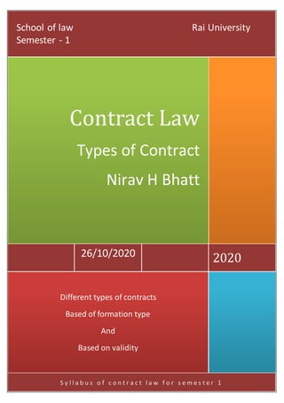 Sc
S y l l a b u s o f c o n t r a c t l a w f o r s e m e s t e r 1
Different types of contracts
Based of formation type
And
Based on validity
202026/10/2020
Contract Law
Types of Contract
Nirav H Bhatt
School of law Rai University
Semester - 1
 