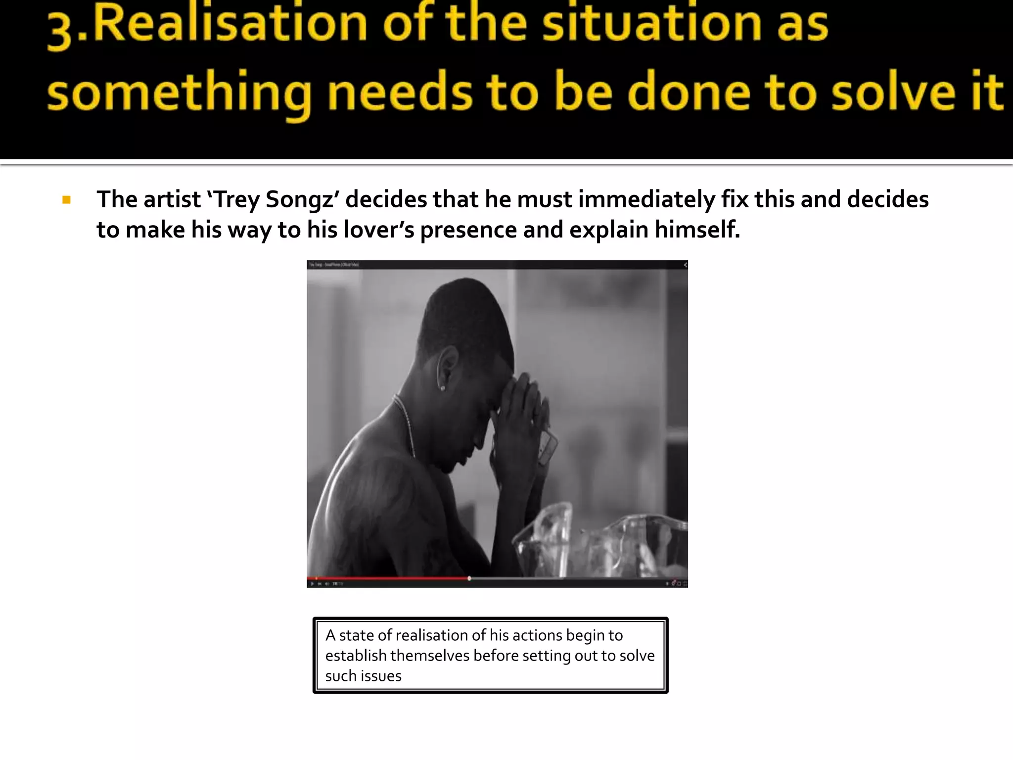  The artist ‘Trey Songz’ decides that he must immediately fix this and decides
to make his way to his lover’s presence and explain himself.
A state of realisation of his actions begin to
establish themselves before setting out to solve
such issues
 