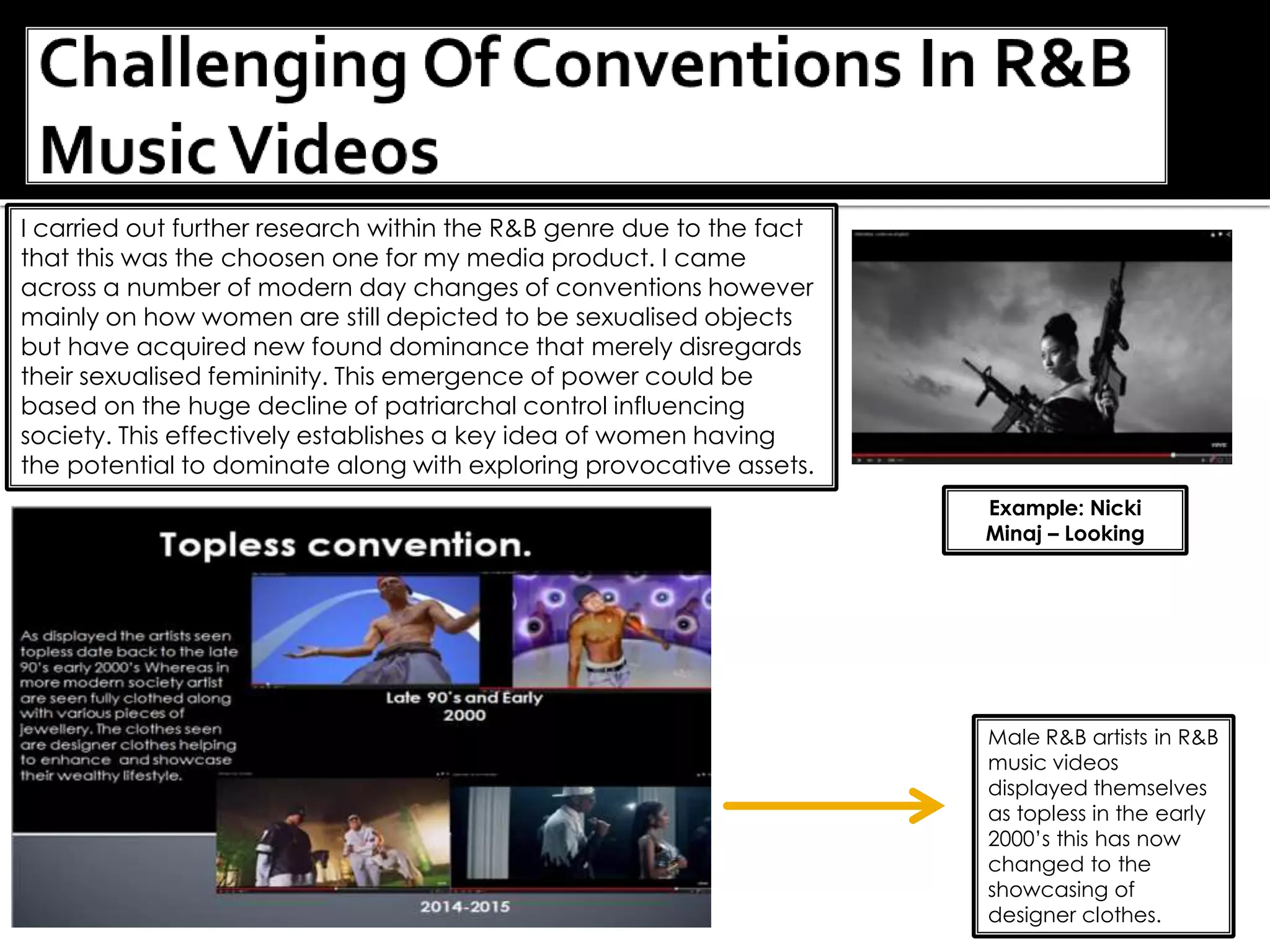 I carried out further research within the R&B genre due to the fact
that this was the choosen one for my media product. I came
across a number of modern day changes of conventions however
mainly on how women are still depicted to be sexualised objects
but have acquired new found dominance that merely disregards
their sexualised femininity. This emergence of power could be
based on the huge decline of patriarchal control influencing
society. This effectively establishes a key idea of women having
the potential to dominate along with exploring provocative assets.
Male R&B artists in R&B
music videos
displayed themselves
as topless in the early
2000’s this has now
changed to the
showcasing of
designer clothes.
Example: Nicki
Minaj – Looking
 