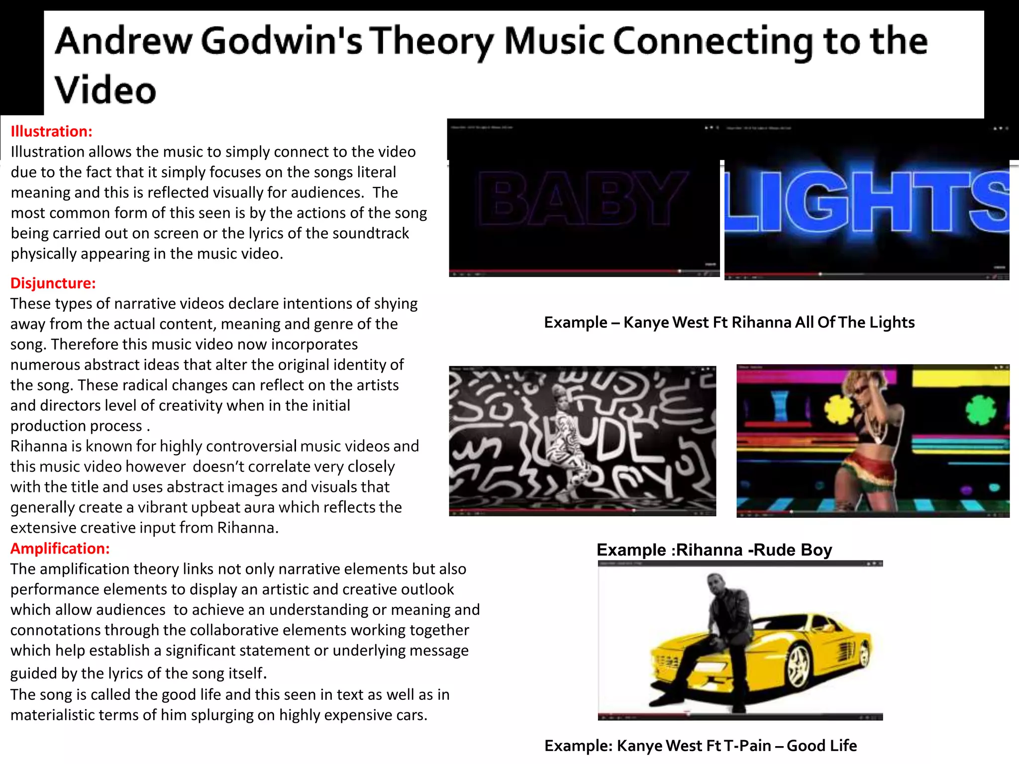 Amplification:
The amplification theory links not only narrative elements but also
performance elements to display an artistic and creative outlook
which allow audiences to achieve an understanding or meaning and
connotations through the collaborative elements working together
which help establish a significant statement or underlying message
guided by the lyrics of the song itself.
The song is called the good life and this seen in text as well as in
materialistic terms of him splurging on highly expensive cars.
Illustration:
Illustration allows the music to simply connect to the video
due to the fact that it simply focuses on the songs literal
meaning and this is reflected visually for audiences. The
most common form of this seen is by the actions of the song
being carried out on screen or the lyrics of the soundtrack
physically appearing in the music video.
Disjuncture:
These types of narrative videos declare intentions of shying
away from the actual content, meaning and genre of the
song. Therefore this music video now incorporates
numerous abstract ideas that alter the original identity of
the song. These radical changes can reflect on the artists
and directors level of creativity when in the initial
production process .
Rihanna is known for highly controversial music videos and
this music video however doesn’t correlate very closely
with the title and uses abstract images and visuals that
generally create a vibrant upbeat aura which reflects the
extensive creative input from Rihanna.
Example – Kanye West Ft Rihanna All Of The Lights
Example :Rihanna -Rude Boy
Example: Kanye West FtT-Pain – Good Life
 