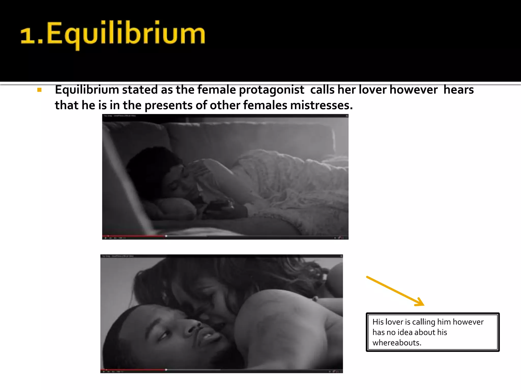  Equilibrium stated as the female protagonist calls her lover however hears
that he is in the presents of other females mistresses.
His lover is calling him however
has no idea about his
whereabouts.
 