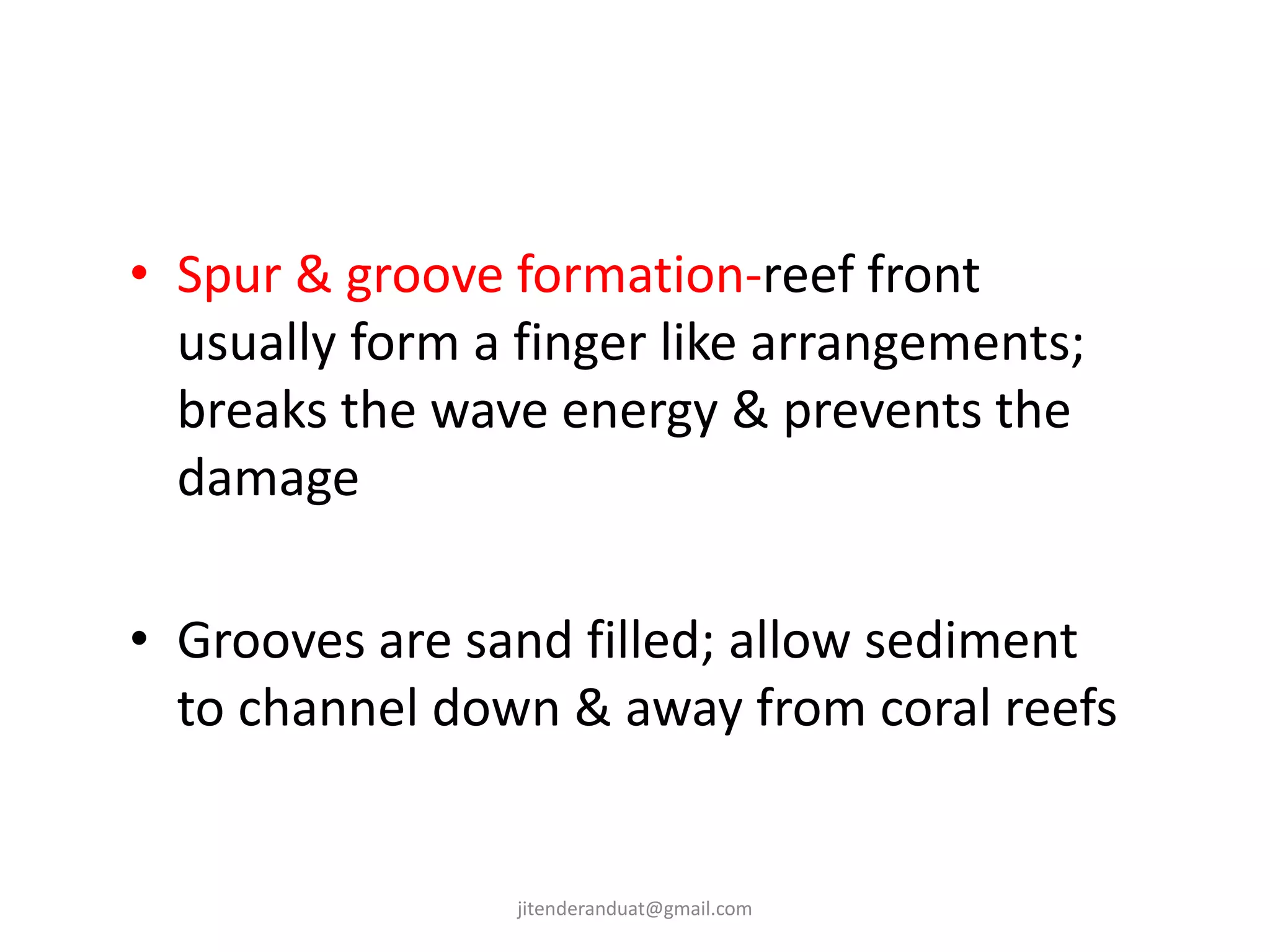 • Spur & groove formation-reef front
usually form a finger like arrangements;
breaks the wave energy & prevents the
damage
• Grooves are sand filled; allow sediment
to channel down & away from coral reefs
jitenderanduat@gmail.com
 