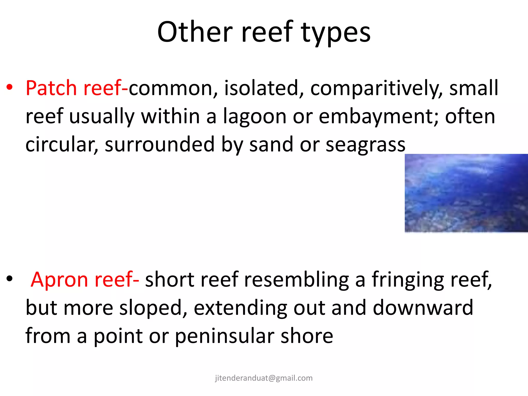 Other reef types
• Patch reef-common, isolated, comparitively, small
reef usually within a lagoon or embayment; often
circular, surrounded by sand or seagrass
• Apron reef- short reef resembling a fringing reef,
but more sloped, extending out and downward
from a point or peninsular shore
jitenderanduat@gmail.com
 