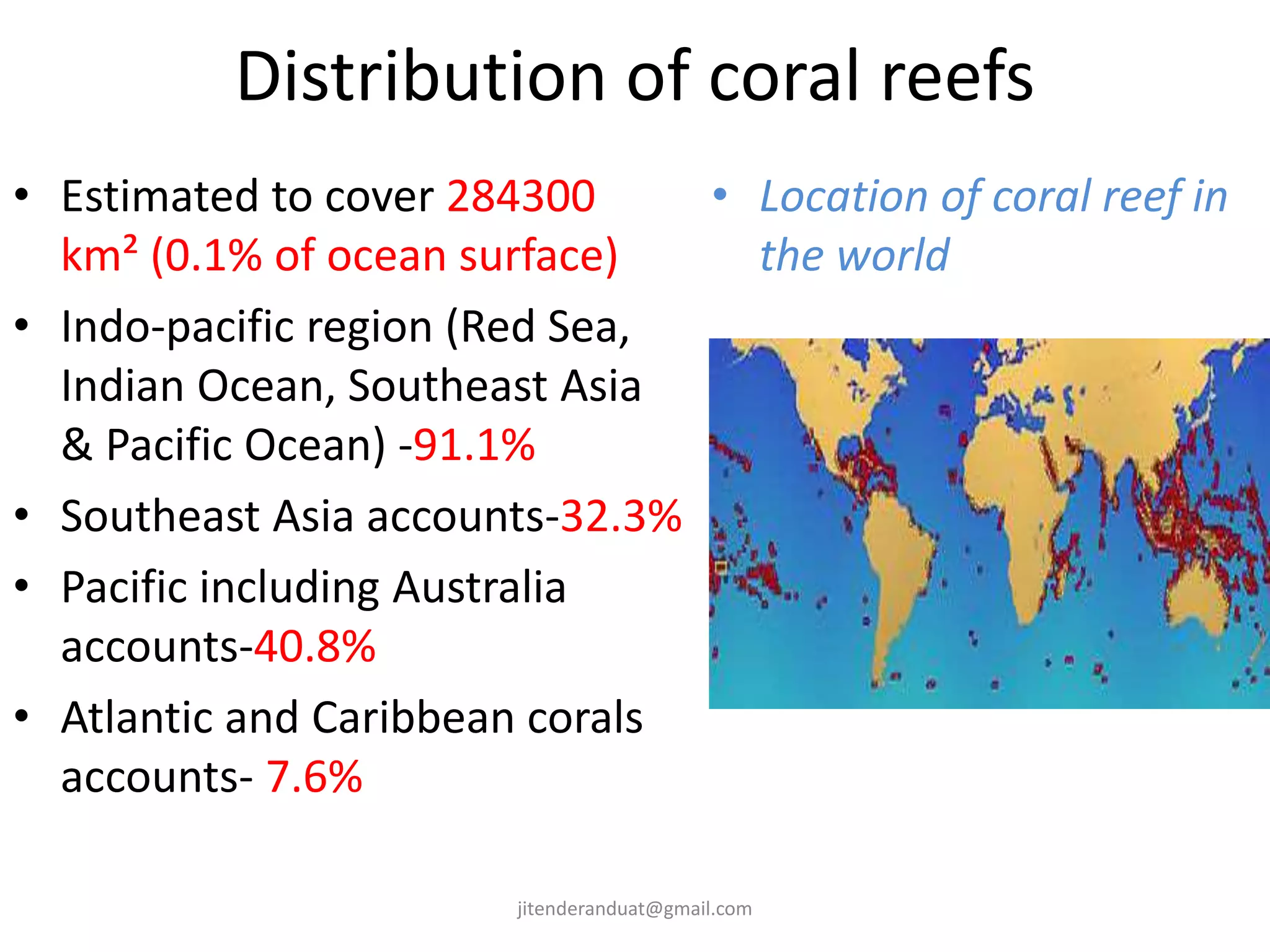 Distribution of coral reefs
• Estimated to cover 284300
km² (0.1% of ocean surface)
• Indo-pacific region (Red Sea,
Indian Ocean, Southeast Asia
& Pacific Ocean) -91.1%
• Southeast Asia accounts-32.3%
• Pacific including Australia
accounts-40.8%
• Atlantic and Caribbean corals
accounts- 7.6%
• Location of coral reef in
the world
jitenderanduat@gmail.com
 