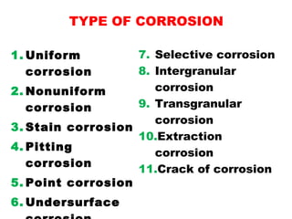 TYPE OF CORROSION
1. Uniform
corrosion
2. Nonuniform
corrosion
3. Stain corrosion
4. Pitting
corrosion
5. Point corrosion
6. Undersurface
7. Selective corrosion
8. Intergranular
corrosion
9. Transgranular
corrosion
10.Extraction
corrosion
11.Crack of corrosion
 