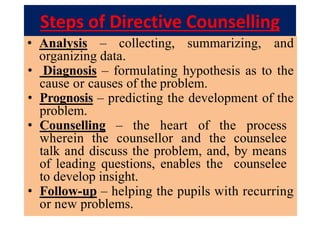 Steps of Directive Counselling
• Analysis – collecting, summarizing, and
organizing data.
• Diagnosis – formulating hypothesis as to the
cause or causes of the problem.
• Prognosis – predicting the development of the
problem.
• Counselling – the heart of the process
wherein the counsellor and the counselee
talk and discuss the problem, and, by means
of leading questions, enables the counselee
to develop insight.
• Follow-up – helping the pupils with recurring
or new problems.
 