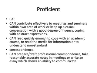 Proficient
• CAE
• CAN contribute effectively to meetings and seminars
within own area of work or keep up a casual
conversation with a good degree of fluency, coping
with abstract expressions.
• CAN read quickly enough to cope with an academic
course, to read the media for information or to
understand non-standard
• correspondence.
• CAN prepare/draft professional correspondence, take
reasonably accurate notes in meetings or write an
essay which shows an ability to communicate.
 