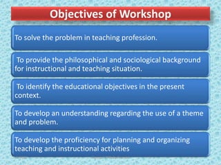 Objectives of Workshop
To solve the problem in teaching profession.
To provide the philosophical and sociological background
for instructional and teaching situation.
To identify the educational objectives in the present
context.
To develop an understanding regarding the use of a theme
and problem.
To develop the proficiency for planning and organizing
teaching and instructional activities
7/2/2022 Types of CPD; By Pramod
 