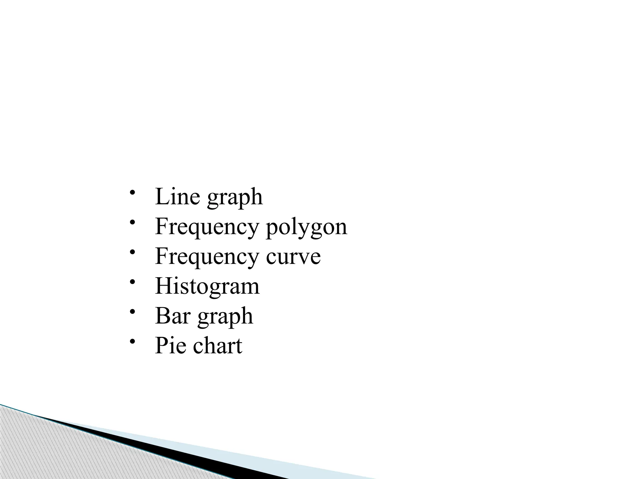 • Line graph
• Frequency polygon
• Frequency curve
• Histogram
• Bar graph
• Pie chart
 