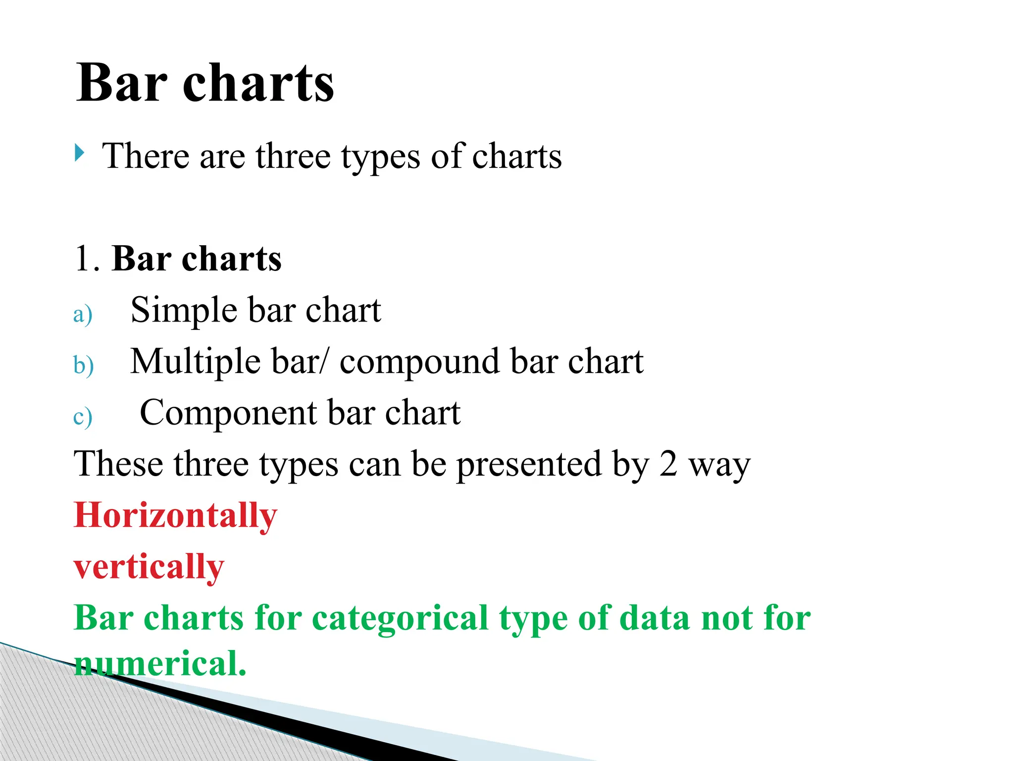  There are three types of charts
1. Bar charts
a) Simple bar chart
b) Multiple bar/ compound bar chart
c) Component bar chart
These three types can be presented by 2 way
Horizontally
vertically
Bar charts for categorical type of data not for
numerical.
Bar charts
 