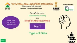 Day-2
Types of Data
Two Weeks online
Live Industrial Training
ON
HANDS ON: MACHINE LEARNING
Day-2
THE NATIONAL SMALL INDUSTRIES CORPORATION In Association with
(A Government of India Enterprise)
. Kamalanagar, Kushaiguda, Hyderabad-500062
Date & Time
18-08-2020
2.30pm-3.30pm
 