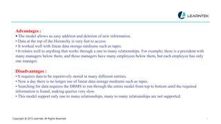 Copyright @ 2015 Learntek. All Rights Reserved. 7
Advantages :
• The model allows us easy addition and deletion of new information.
• Data at the top of the Hierarchy is very fast to access.
• It worked well with linear data storage mediums such as tapes.
• It relates well to anything that works through a one to many relationships. For example; there is a president with
many managers below them, and those managers have many employees below them, but each employee has only
one manager.
Disadvantages :
• It requires data to be repetitively stored in many different entities.
• Now a day there is no longer use of linear data storage mediums such as tapes.
• Searching for data requires the DBMS to run through the entire model from top to bottom until the required
information is found, making queries very slow.
• This model support only one to many relationships, many to many relationships are not supported.
 