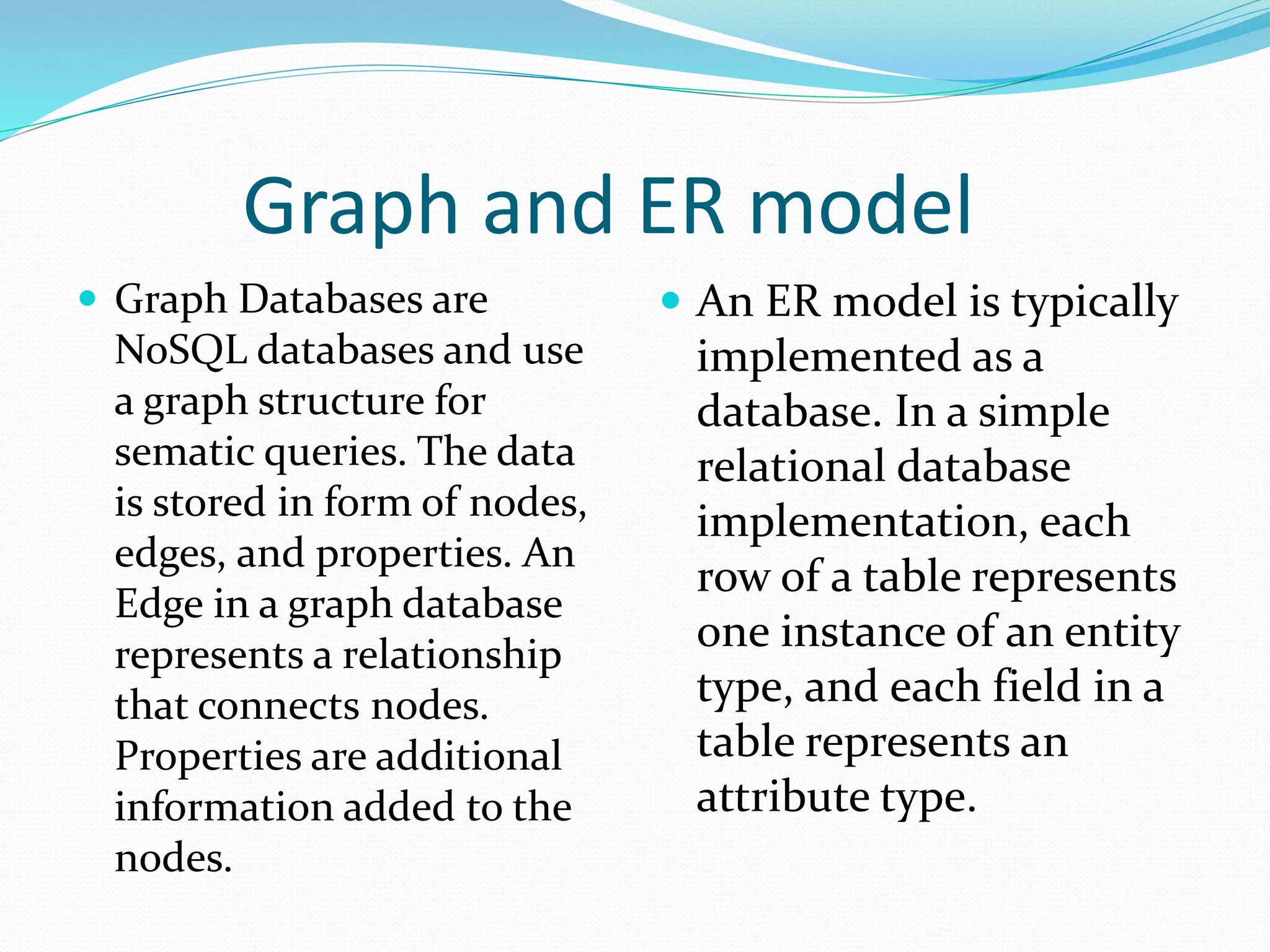 Graph and ER model
 Graph Databases are
NoSQL databases and use
a graph structure for
sematic queries. The data
is stored in form of nodes,
edges, and properties. An
Edge in a graph database
represents a relationship
that connects nodes.
Properties are additional
information added to the
nodes.
 An ER model is typically
implemented as a
database. In a simple
relational database
implementation, each
row of a table represents
one instance of an entity
type, and each field in a
table represents an
attribute type.
 