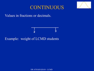 Slide 38
Values in fractions or decimals.
Example: weight of LCMD students
CONTINUOUS
2 3
DR ATHAR KHAN - LCMD
 