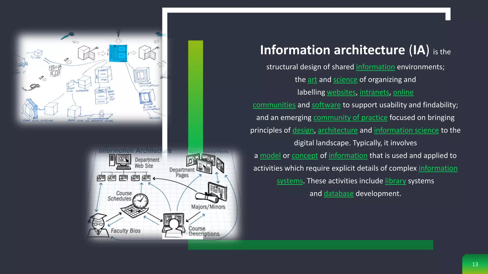 Information architecture (IA) is the
structural design of shared information environments;
the art and science of organizing and
labelling websites, intranets, online
communities and software to support usability and findability;
and an emerging community of practice focused on bringing
principles of design, architecture and information science to the
digital landscape. Typically, it involves
a model or concept of information that is used and applied to
activities which require explicit details of complex information
systems. These activities include library systems
and database development.
13
 