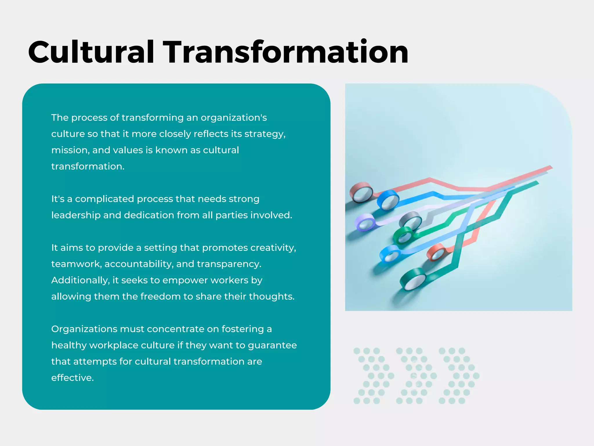 Cultural Transformation
The process of transforming an organization's
culture so that it more closely reflects its strategy,
mission, and values is known as cultural
transformation.
It's a complicated process that needs strong
leadership and dedication from all parties involved.
It aims to provide a setting that promotes creativity,
teamwork, accountability, and transparency.
Additionally, it seeks to empower workers by
allowing them the freedom to share their thoughts.
Organizations must concentrate on fostering a
healthy workplace culture if they want to guarantee
that attempts for cultural transformation are
effective.
 