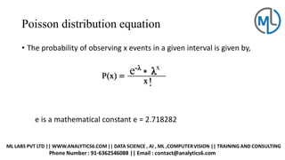 Poisson distribution equation
• The probability of observing x events in a given interval is given by,
e is a mathematical constant e = 2.718282
 
