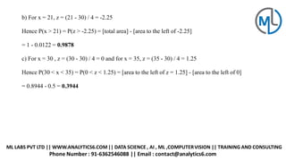 b) For x = 21, z = (21 - 30) / 4 = -2.25
Hence P(x > 21) = P(z > -2.25) = [total area] - [area to the left of -2.25]
= 1 - 0.0122 = 0.9878
c) For x = 30 , z = (30 - 30) / 4 = 0 and for x = 35, z = (35 - 30) / 4 = 1.25
Hence P(30 < x < 35) = P(0 < z < 1.25) = [area to the left of z = 1.25] - [area to the left of 0]
= 0.8944 - 0.5 = 0.3944
 