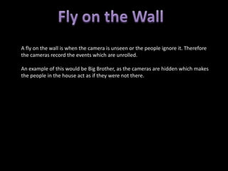 A fly on the wall is when the camera is unseen or the people ignore it. Therefore
the cameras record the events which are unrolled.

An example of this would be Big Brother, as the cameras are hidden which makes
the people in the house act as if they were not there.
 