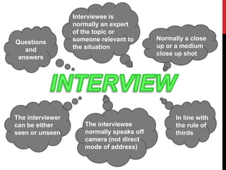 Questions 
and 
answers 
The interviewer 
can be either 
seen or unseen 
Interviewee is 
normally an expert 
of the topic or 
someone relevant to 
the situation 
Normally a close 
up or a medium 
close up shot 
In line with 
the rule of 
thirds 
The interviewee 
normally speaks off 
camera (not direct 
mode of address) 
 