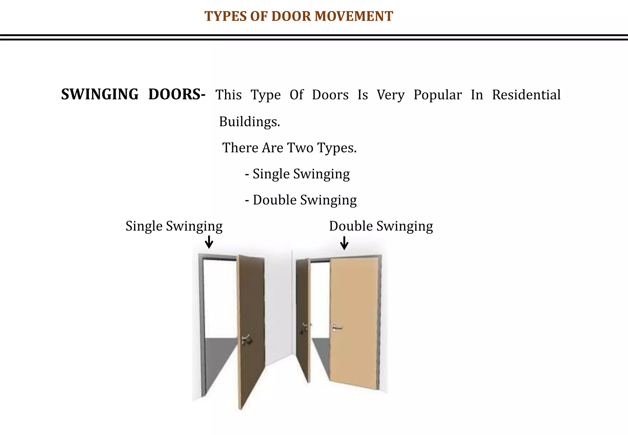 SWINGING DOORS- This Type Of Doors Is Very Popular In Residential
Buildings.
There Are Two Types.
- Single Swinging
- Double Swinging
Single Swinging Double Swinging
TYPES OF DOOR MOVEMENT
 