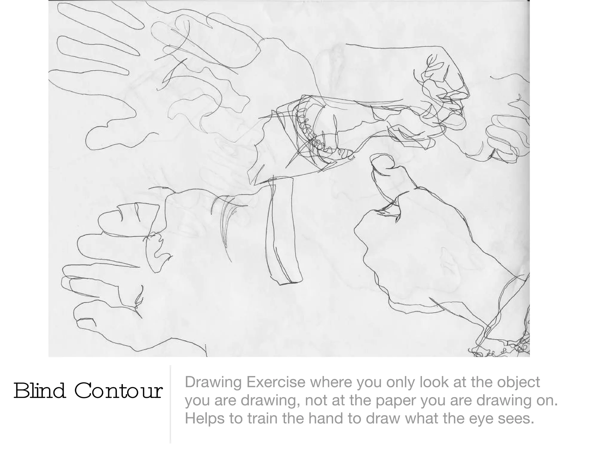 Blind Contour Drawing Exercise where you only look at the object you are drawing, not at the paper you are drawing on. Helps to train the hand to draw what the eye sees. 