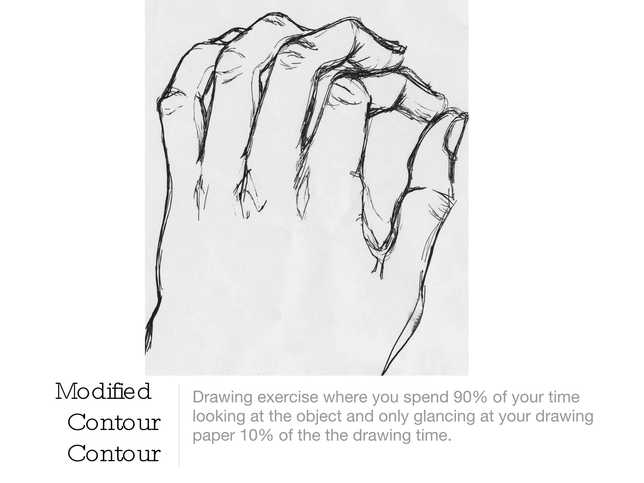 Modified  Contour Contour Drawing exercise where you spend 90% of your time looking at the object and only glancing at your drawing paper 10% of the the drawing time.  