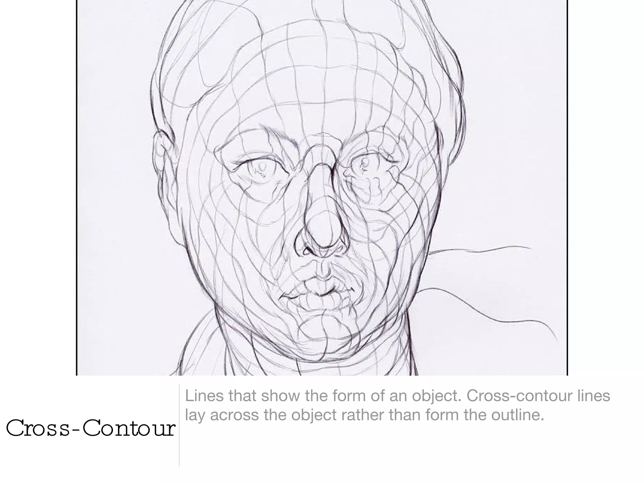 Cross-Contour Lines that show the form of an object. Cross-contour lines lay across the object rather than form the outline. 