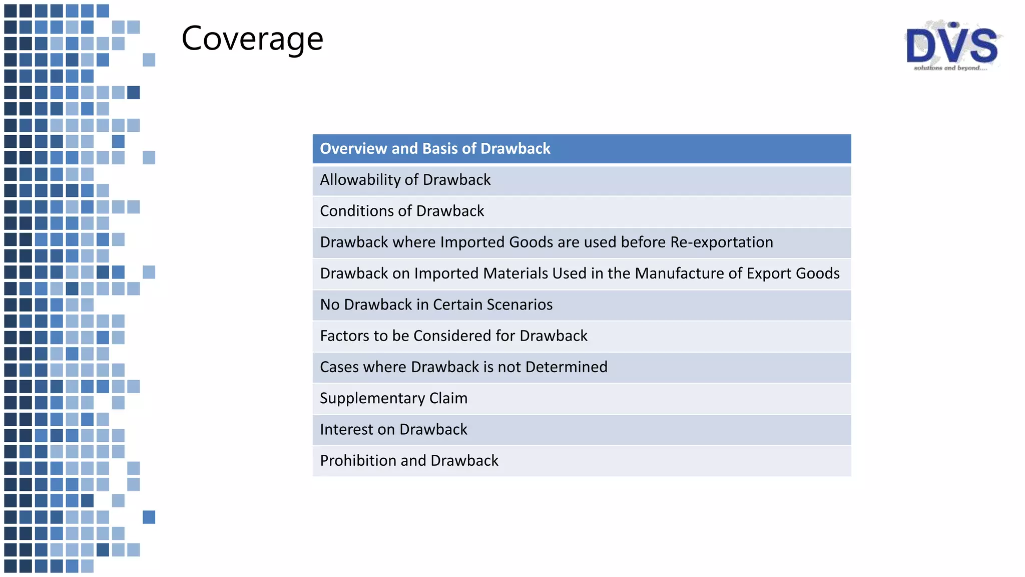 Coverage
Overview and Basis of Drawback
Allowability of Drawback
Conditions of Drawback
Drawback where Imported Goods are used before Re-exportation
Drawback on Imported Materials Used in the Manufacture of Export Goods
No Drawback in Certain Scenarios
Factors to be Considered for Drawback
Cases where Drawback is not Determined
Supplementary Claim
Interest on Drawback
Prohibition and Drawback
 