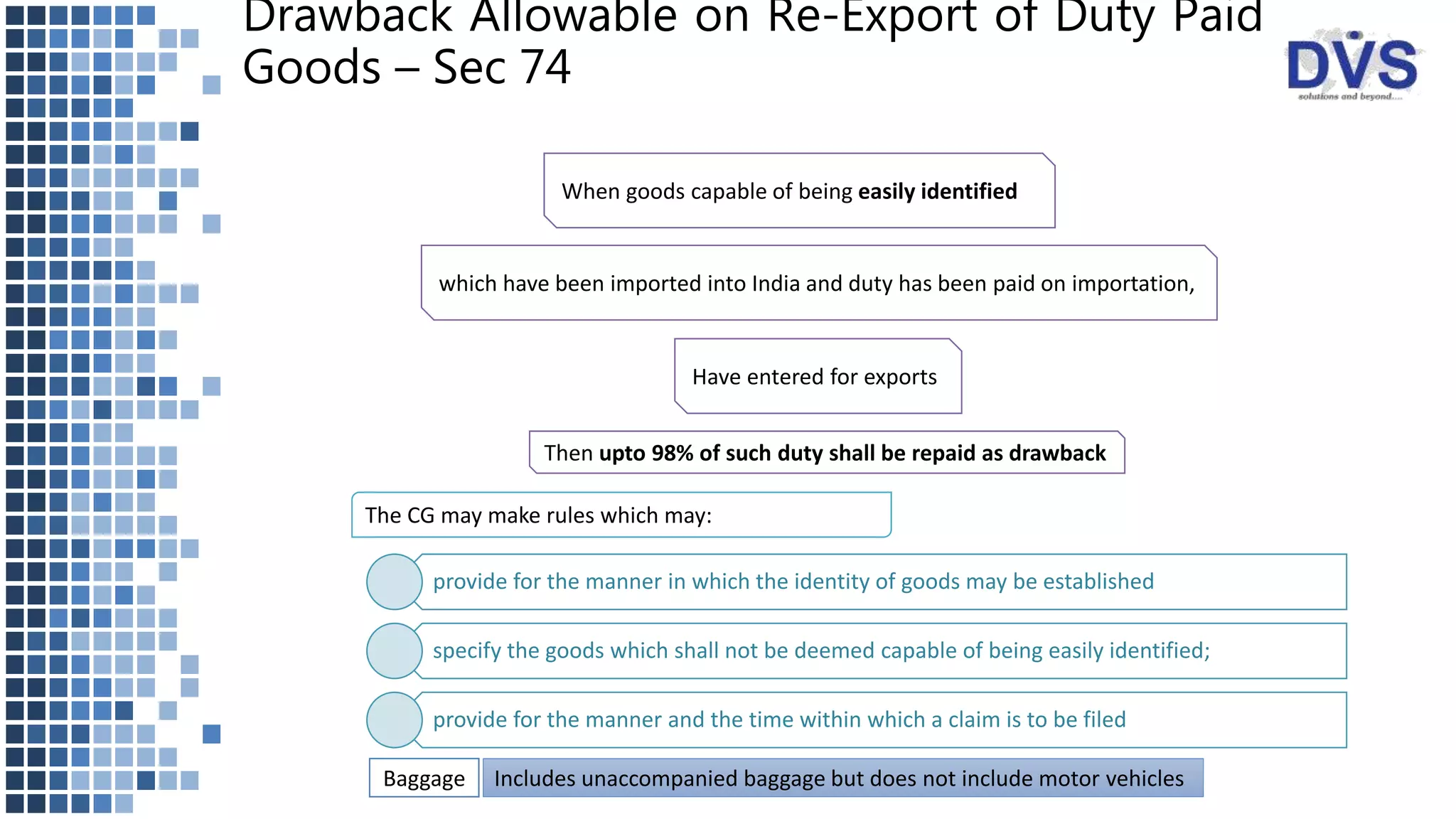 Drawback Allowable on Re-Export of Duty Paid
Goods – Sec 74
When goods capable of being easily identified
Then upto 98% of such duty shall be repaid as drawback
The CG may make rules which may:
provide for the manner in which the identity of goods may be established
specify the goods which shall not be deemed capable of being easily identified;
provide for the manner and the time within which a claim is to be filed
Includes unaccompanied baggage but does not include motor vehiclesBaggage
Have entered for exports
which have been imported into India and duty has been paid on importation,
 