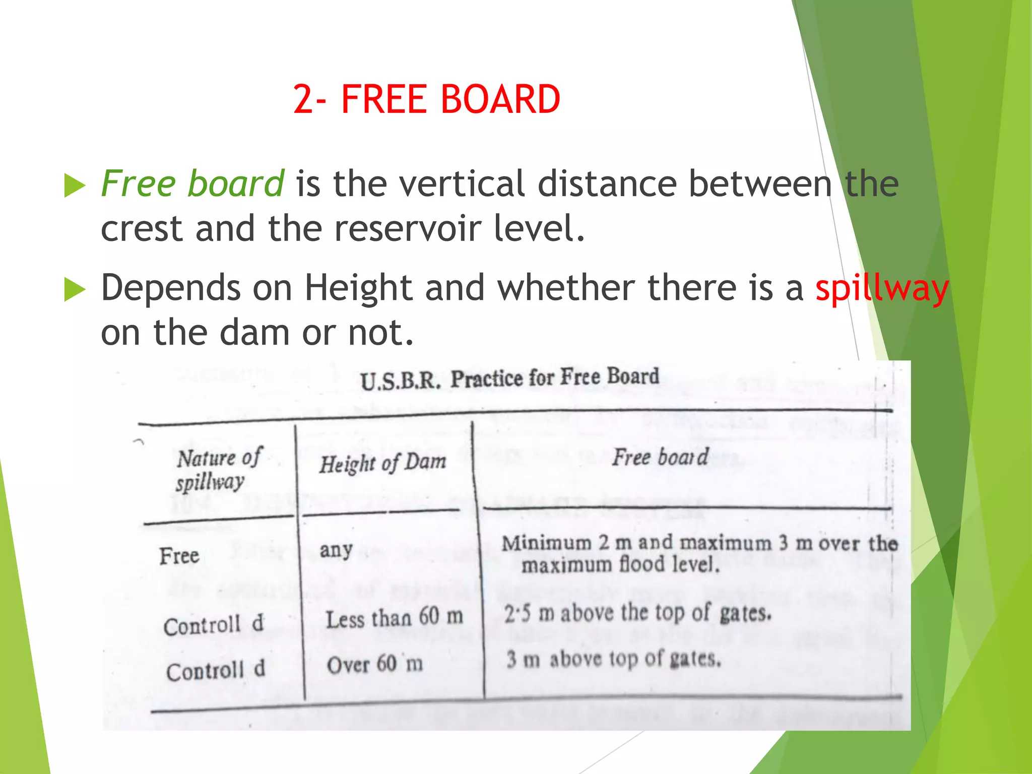 2- FREE BOARD
 Free board is the vertical distance between the
crest and the reservoir level.
 Depends on Height and whether there is a spillway
on the dam or not.
 