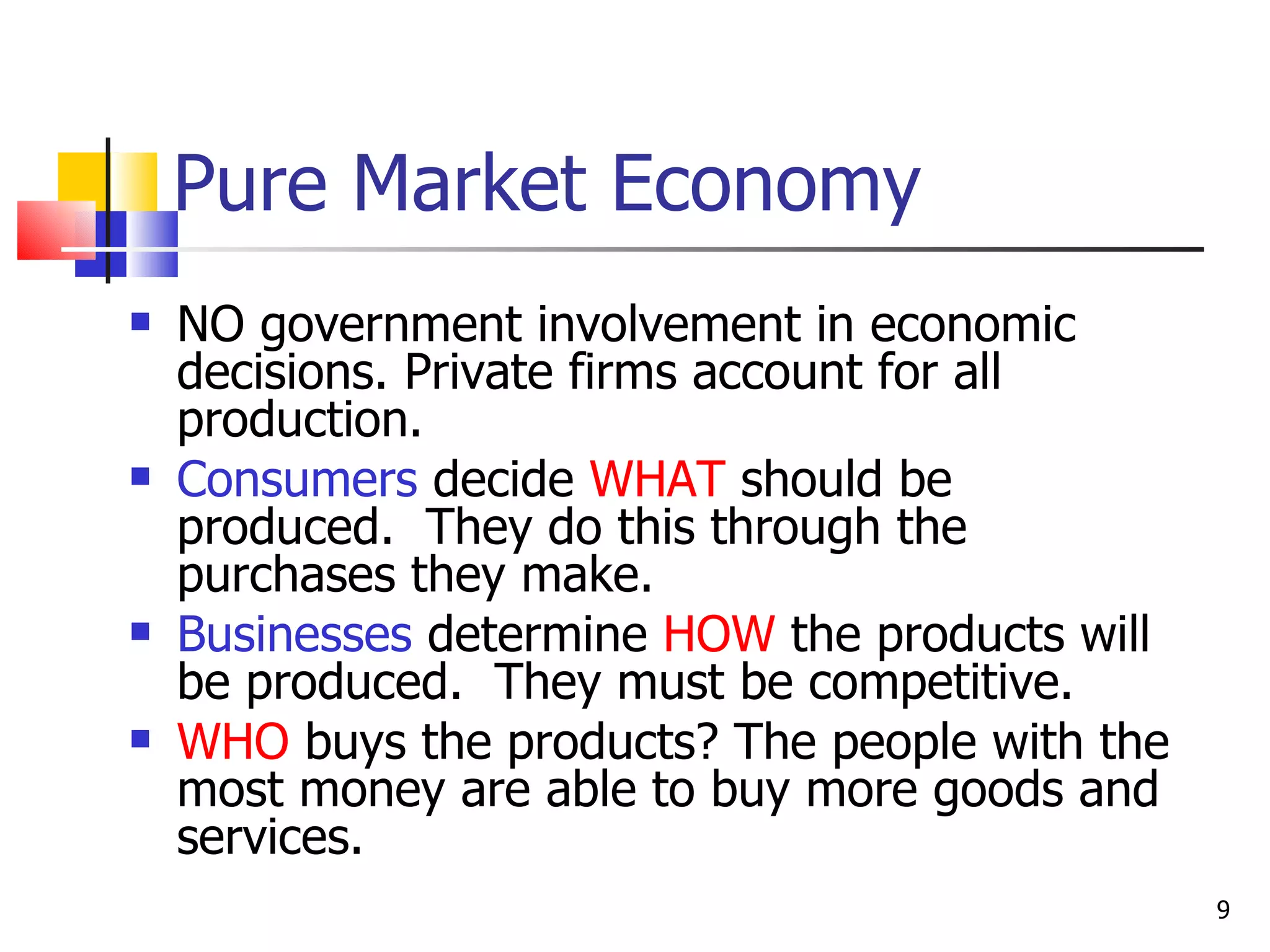 Pure Market Economy NO government involvement in economic decisions. Private firms account for all production. Consumers  decide  WHAT  should be produced.  They do this through the purchases they make. Businesses  determine  HOW  the products will be produced.  They must be competitive.  WHO  buys the products? The people with the most money are able to buy more goods and services. 