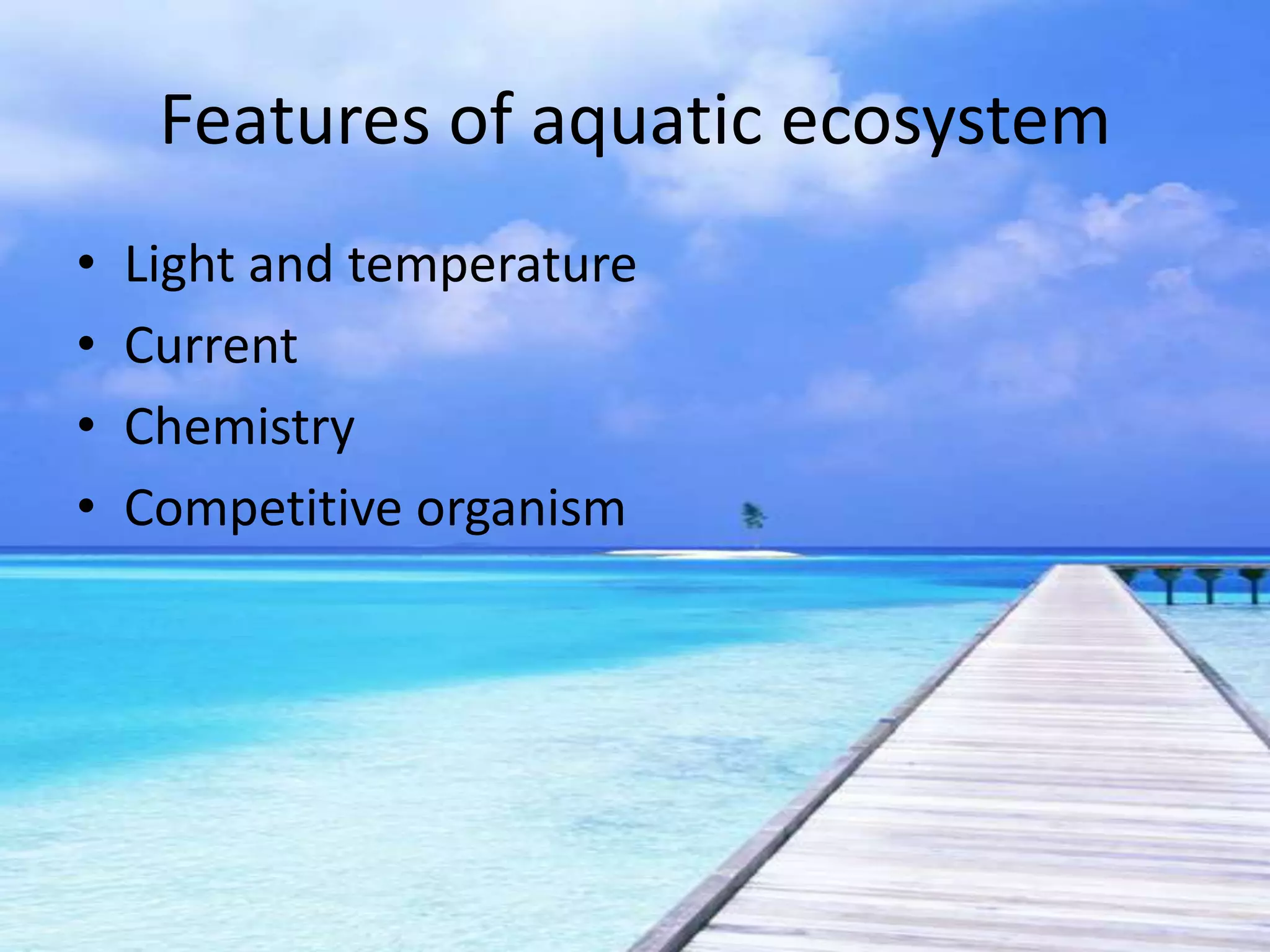Features of aquatic ecosystem
•   Light and temperature
•   Current
•   Chemistry
•   Competitive organism
 