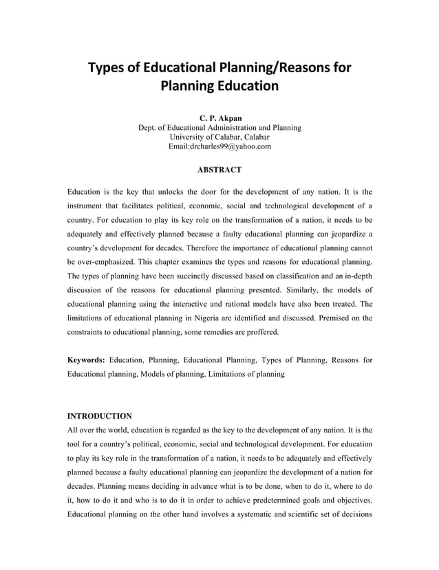 Reasons for Educational Planning and Types PDF