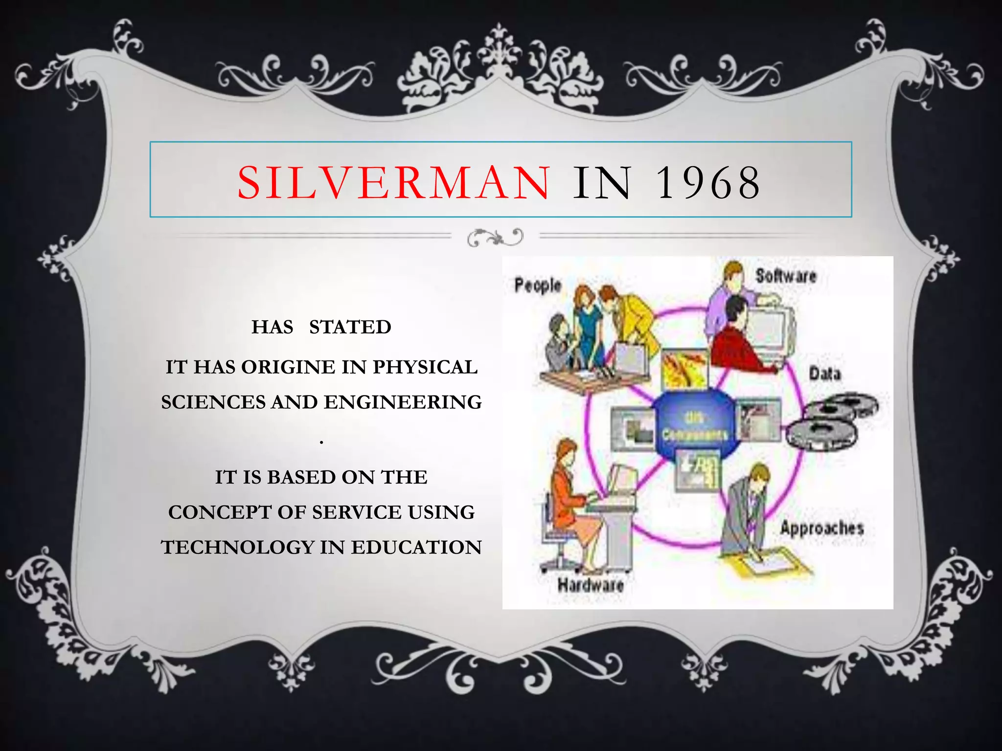 SILVERMAN IN 1968
HAS STATED
IT HAS ORIGINE IN PHYSICAL
SCIENCES AND ENGINEERING
.
IT IS BASED ON THE
CONCEPT OF SERVICE USING
TECHNOLOGY IN EDUCATION
 