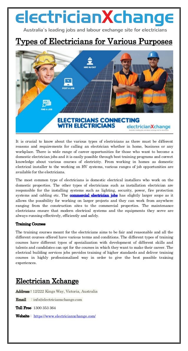 Types of electricians for various purposes