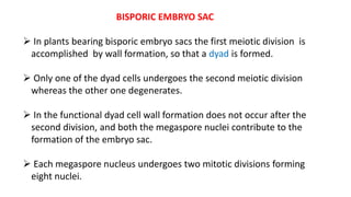 BISPORIC EMBRYO SAC
 In plants bearing bisporic embryo sacs the first meiotic division is
accomplished by wall formation, so that a dyad is formed.
 Only one of the dyad cells undergoes the second meiotic division
whereas the other one degenerates.
 In the functional dyad cell wall formation does not occur after the
second division, and both the megaspore nuclei contribute to the
formation of the embryo sac.
 Each megaspore nucleus undergoes two mitotic divisions forming
eight nuclei.
 