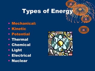 Types of Energy
• Mechanical:
• Kinetic
• Potential
• Thermal
• Chemical
• Light
• Electrical
• Nuclear
 