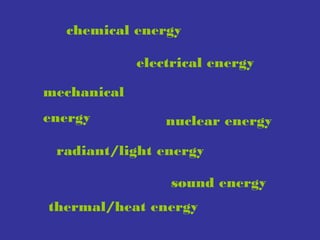 chemical energy
electrical energy
mechanical
energy

nuclear energy

radiant/light energy
sound energy
thermal/heat energy

 