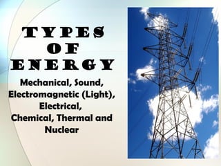 TYPES
OF
ENERGY
Mechanical, Sound,
Electromagnetic (Light),
Electrical,
Chemical, Thermal and
Nuclear
 