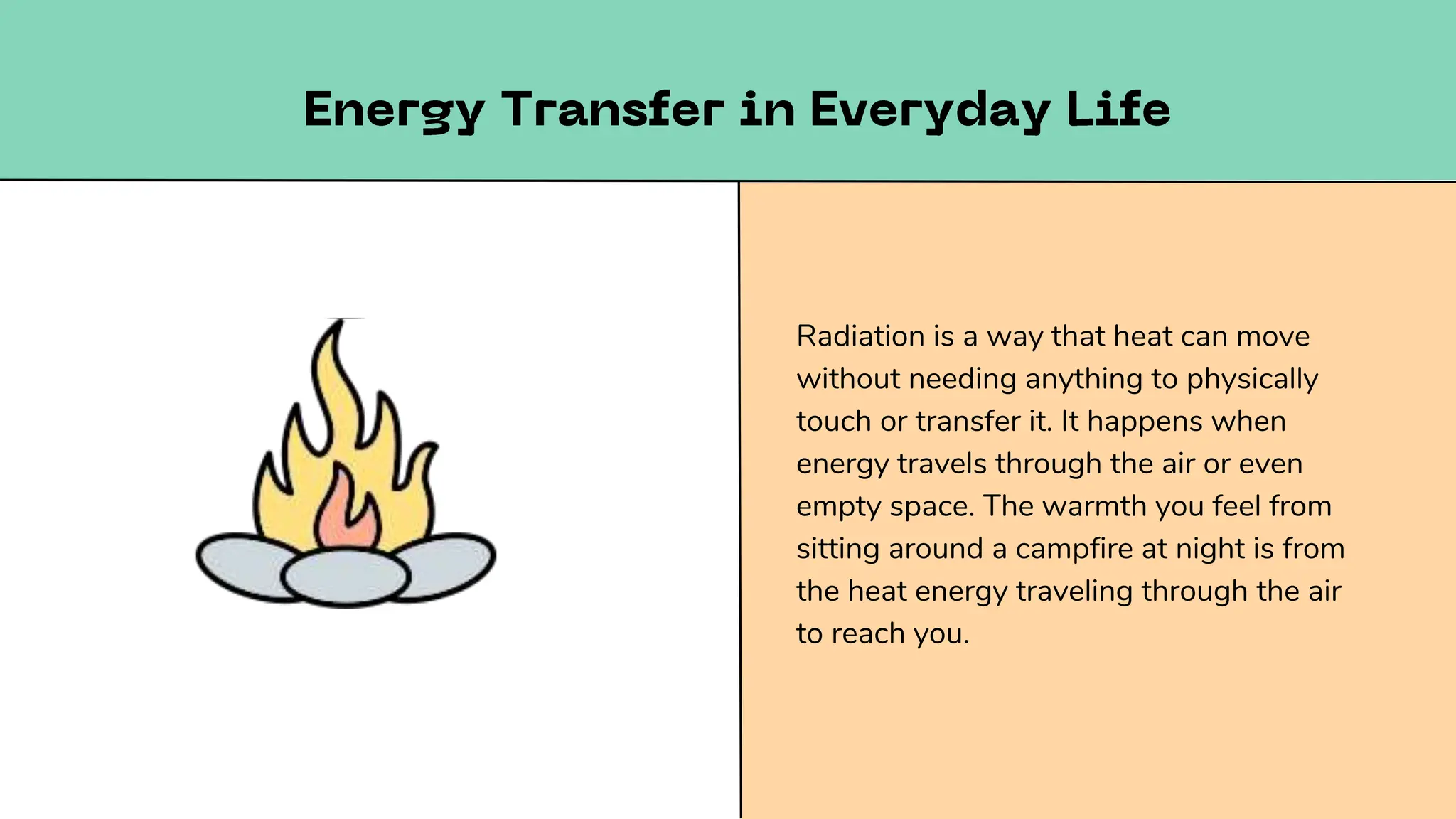 Radiation is a way that heat can move
without needing anything to physically
touch or transfer it. It happens when
energy travels through the air or even
empty space. The warmth you feel from
sitting around a campfire at night is from
the heat energy traveling through the air
to reach you.
 