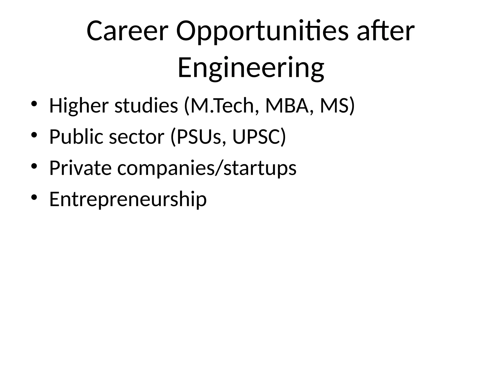 Career Opportunities after
Engineering
• Higher studies (M.Tech, MBA, MS)
• Public sector (PSUs, UPSC)
• Private companies/startups
• Entrepreneurship
 