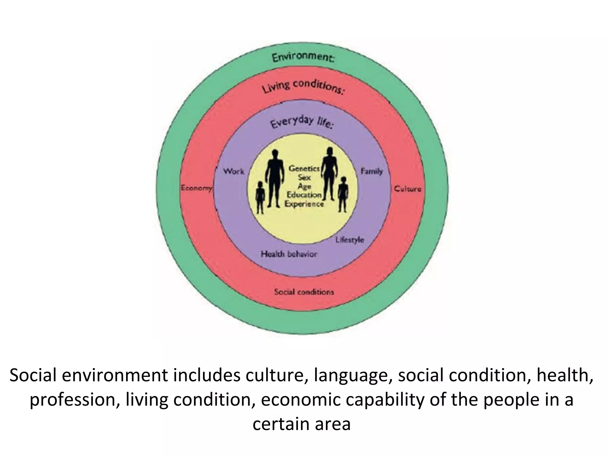 Social environment includes culture, language, social condition, health, 
profession, living condition, economic capability of the people in a 
certain area 
 
