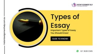 Types of
Essay
instantassignmenthelp.com.au
Important Types of Essay
You Should Know!
SLIDE TO KNOW!
+61 363612345
 