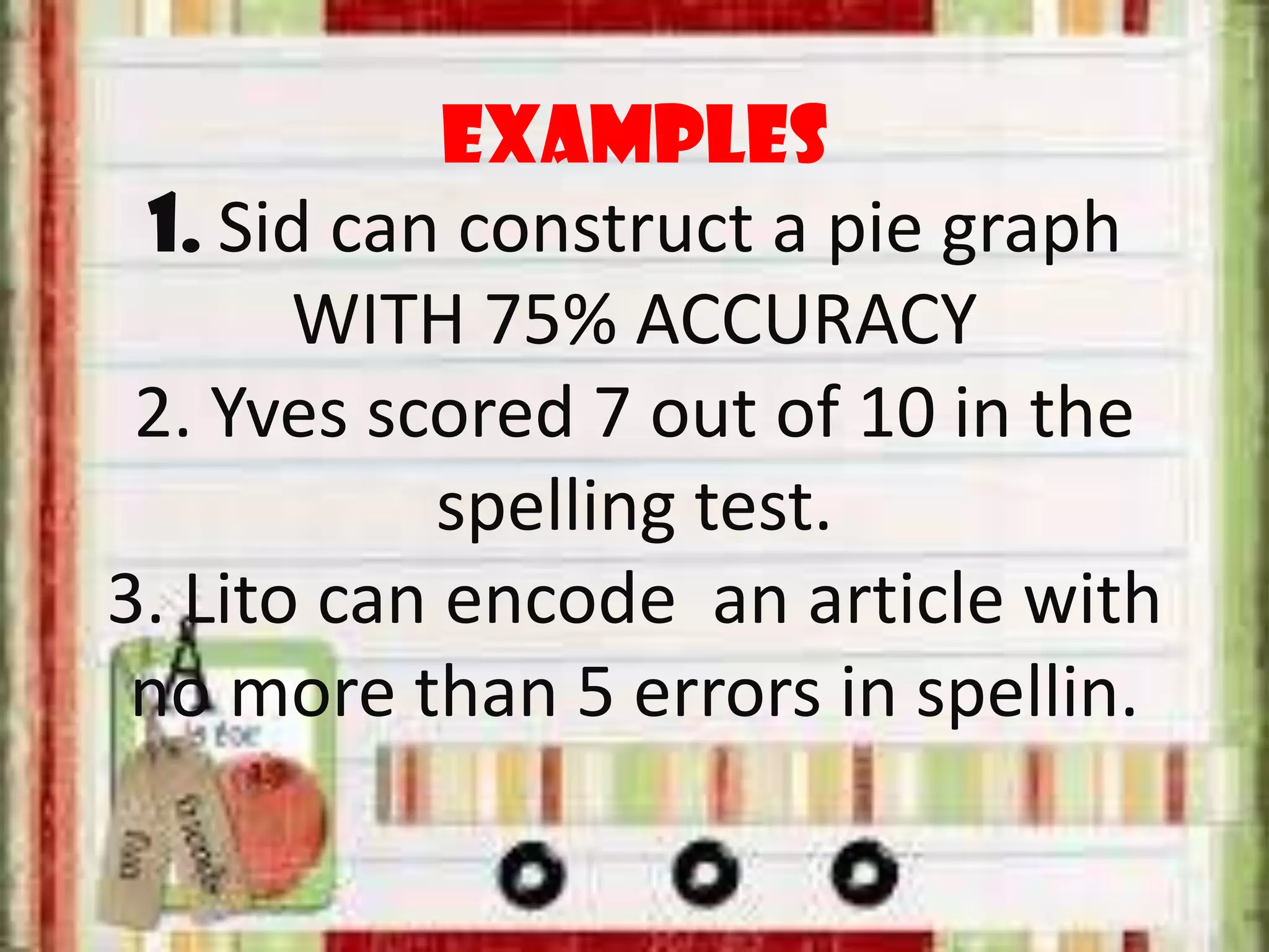 Examples
1. Sid can construct a pie graph
WITH 75% ACCURACY
2. Yves scored 7 out of 10 in the
spelling test.
3. Lito can encode an article with
no more than 5 errors in spellin.
 