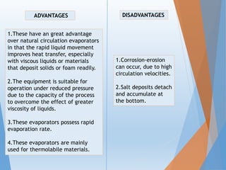 ADVANTAGES DISADVANTAGES
1.These have an great advantage
over natural circulation evaporators
in that the rapid liquid movement
improves heat transfer, especially
with viscous liquids or materials
that deposit solids or foam readily.
2.The equipment is suitable for
operation under reduced pressure
due to the capacity of the process
to overcome the effect of greater
viscosity of liquids.
3.These evaporators possess rapid
evaporation rate.
4.These evaporators are mainly
used for thermolabile materials.
1.Corrosion-erosion
can occur, due to high
circulation velocities.
2.Salt deposits detach
and accumulate at
the bottom.
 