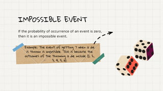 IMPOSSIBLE EVENT
If the probability of occurrence of an event is zero,
then it is an impossible event.
Example: The event of getting 7 when a die
is thrown is impossible. This is because the
outcomes of the throwing a die include {1, 2,
3, 4, 5, 6}.
 