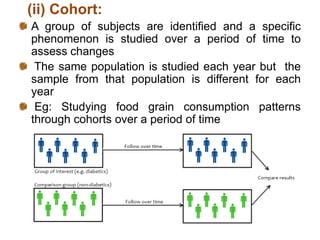 (ii) Cohort:
A group of subjects are identified and a specific
phenomenon is studied over a period of time to
assess changes
The same population is studied each year but the
sample from that population is different for each
year
Eg: Studying food grain consumption patterns
through cohorts over a period of time
 